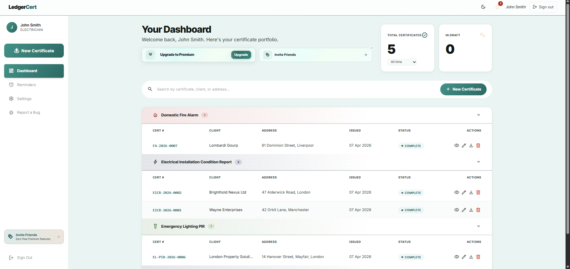 LedgerCert dashboard in light mode