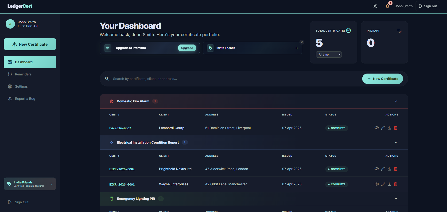 LedgerCert dashboard in dark mode