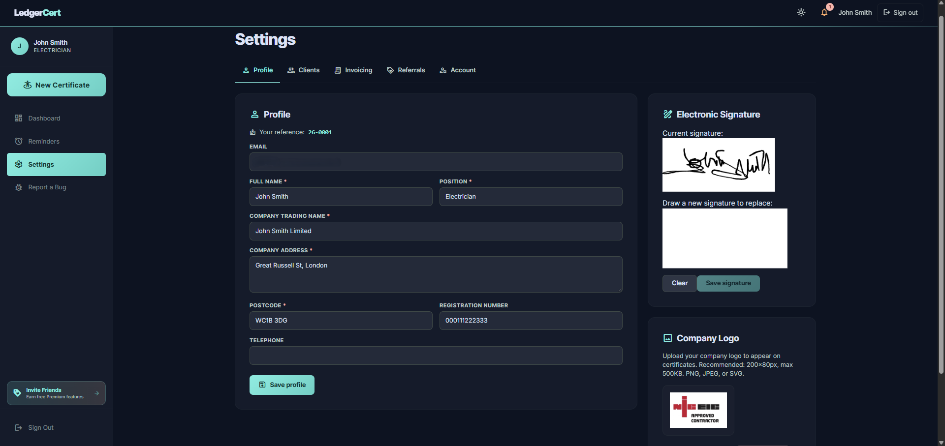 LedgerCert settings and profile setup