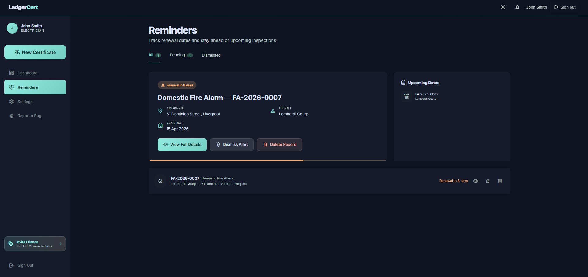 LedgerCert reminders and renewal tracking